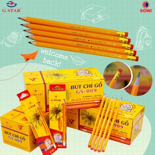   GS009 2B  HỘP 12 Cây Bút Chì Đen   Viết Chì Đen 2B Thân Gỗ Màu Vàng Có Gôm G-Star  GStar GS 009   GS-009 Chính Hãng 