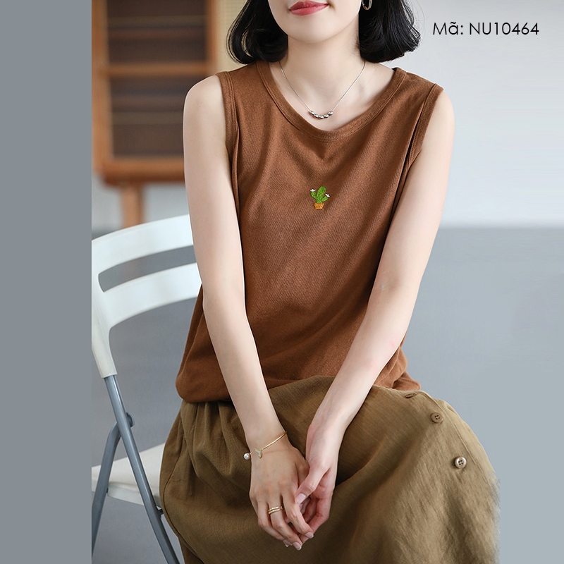 Áo T-shirt sát nách KAMAKA cổ tròn thêu cây xương rồng - NU10464