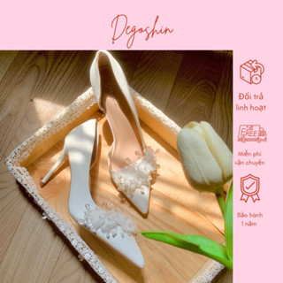 Giày cưới, giày cao gót 9p hở eo đính hoa Linh Lan Trắng phối cườm Bling Bling Degoshin.
