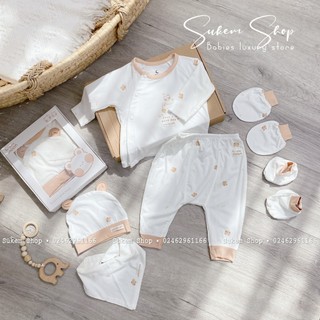 Set đồ sơ sinh moon 5 món gồm quần áo, yếm, mũ, bao tay chân siêu xinh chất petit mềm mịn cho bé 0-3m