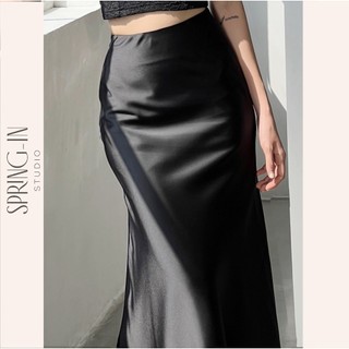 Chân váy lụa satin nữ cao cấp dáng dài màu đen thiết kế tôn dáng SPRING-IN