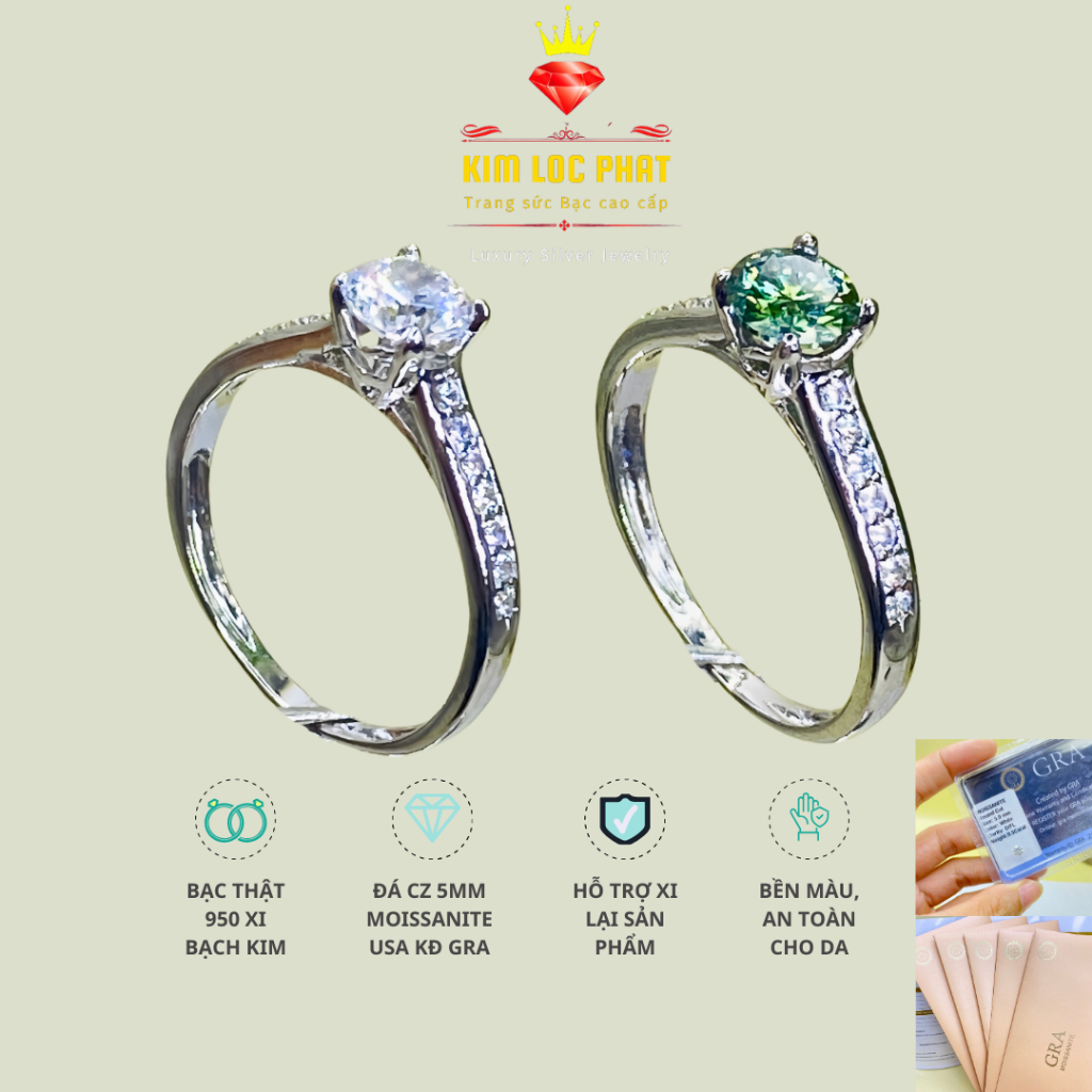 Nhẫn Moissanite màu trắng nhỏ chủ 5mm, Nhẫn bạc nữ xi bạch kim, Nhẫn kim cương nhân tạo moissanite