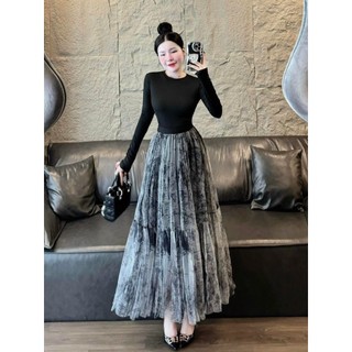 BIGSIZE HIẾU HIẾU (55-95KG) - Set thời trang nữ cao cấp Áp body đen tay dài + Chân váy voan loang màu dáng dài