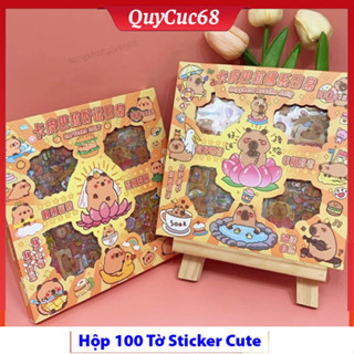 Hộp 100 tấm sticker Capy cute dễ thương,set 100 tờ sticker trang trí dán tập vở, bình nước, bút và nhiều vật dụng khác
