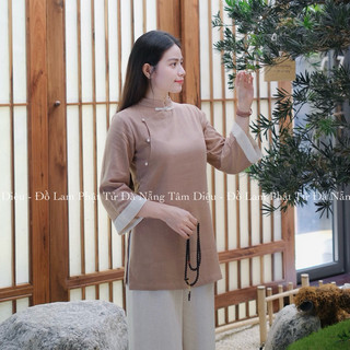 Set linen bamboo dáng lỡ cổ tàu đính ngọc đồ lam đi chùa phật tử