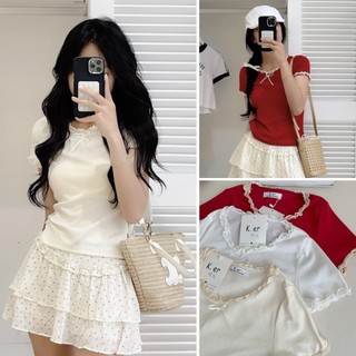 Áo len thun montoghi cổ tròn bèo babytee phối ren tay ngắn nơ cổ nhiều màu cá tính LACO213