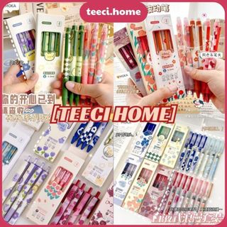 Set Hộp 4 Bút Mực Gel Đen Bút Bi Nước Mực Đen In Hình Hoa Đồ Dùng Học Tập Văn Phòng Phẩm Xóa Được MOKA 0.5mm TEECI T010