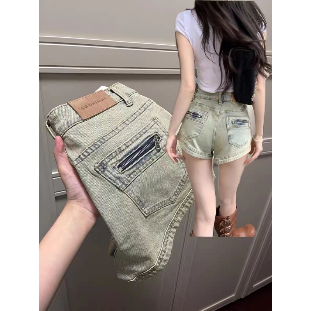 Quần short jean nữ Retro Vintage Lưng cao Dáng ôm Co giãn Cá tính Quần sooc bò nữ Denim Màu bạc Cạp cao