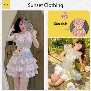 [Váy Trắng Xinh] Váy Đầm Tơ Hoa Nhí Xếp Tầng Dáng Ngắn Tiểu Thư Thời Trang Nữ Tính