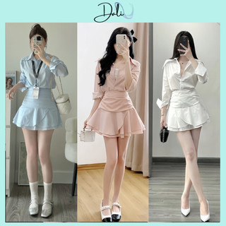 Set Tiểu Thư 2 Món Chất Liệu Thô Gồm Áo Sơ Mi + Chân Váy Tầng Bánh Bèo Dáng Xòe Đuôi Cá