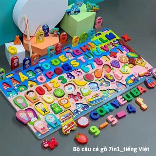 Bộ Bảng Gỗ Câu Cá 5in1, 6in1, 7in1, ghép hình, học chữ cái, học đếm số cơ bản giúp bé phát triển trí tuệ