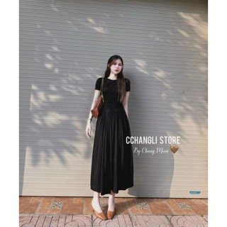 Đầm Midi Thun Tăm Cổ Tròn Tay Ngắn Nhún 2 Bên Dáng Xòe Thanh Lịch