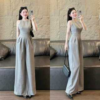 Jumpsuit Nữ ống rộng dáng suông mau xám ôm eo lịch thiệp sang chảnh