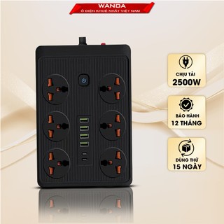 Ổ điện đa năng chính hãng WANDA 4 cổng USB 15v sạc nhanh,2 type c, chống cháy, ổ chịu tải 2500W , nhựa pp