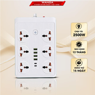 Ổ điện đa năng chính hãng WANDA 4 cổng USB 15v sạc nhanh,2 type c, chống cháy, ổ chịu tải 2500W , nhựa pp