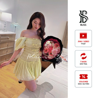Bliss Shop - Đầm xinh cổ chữ U phối tay bồng đính nơ, Đầm bo chun tôn dáng  - V165
