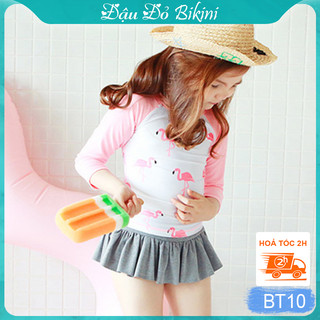 Bộ đồ bơi 2 mảnh dài tay & quần váy bé gái, chất bơi Lyrca Hàn mịn đẹp, chống nắng chống tia UV, kèm mũ xinh xắn | BT10