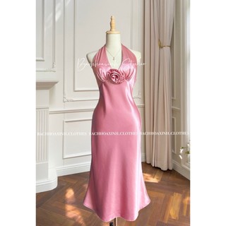 TẶNG BÔNG | Váy lụa cổ V midi đuôi cá hở lưng sẵn mút khoá lưng basic cực xinh