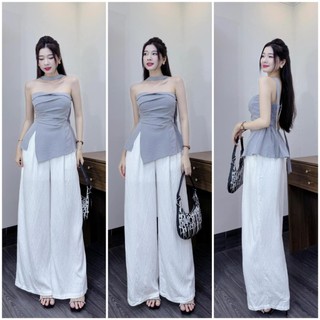 Set áo cúp ngực dây cổ xẻ trươc dạt xéo có bo chun lưng kèm quần ống rộng siêu xinh dành cho các nàng diện đi chơi
