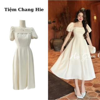 Đầm Thiết Kế Chéo Hàn Cổ Vuông Viền Đá Tay Bồng Dáng Xoè | Váy Đi Tiệc Đi Chơi Du lịch | Tiệm Chang Hie