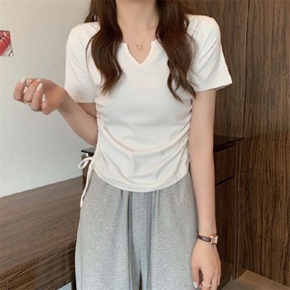 Áo thun nữ croptop dây rút 2 bên hồng dễ mặc tôn dáng