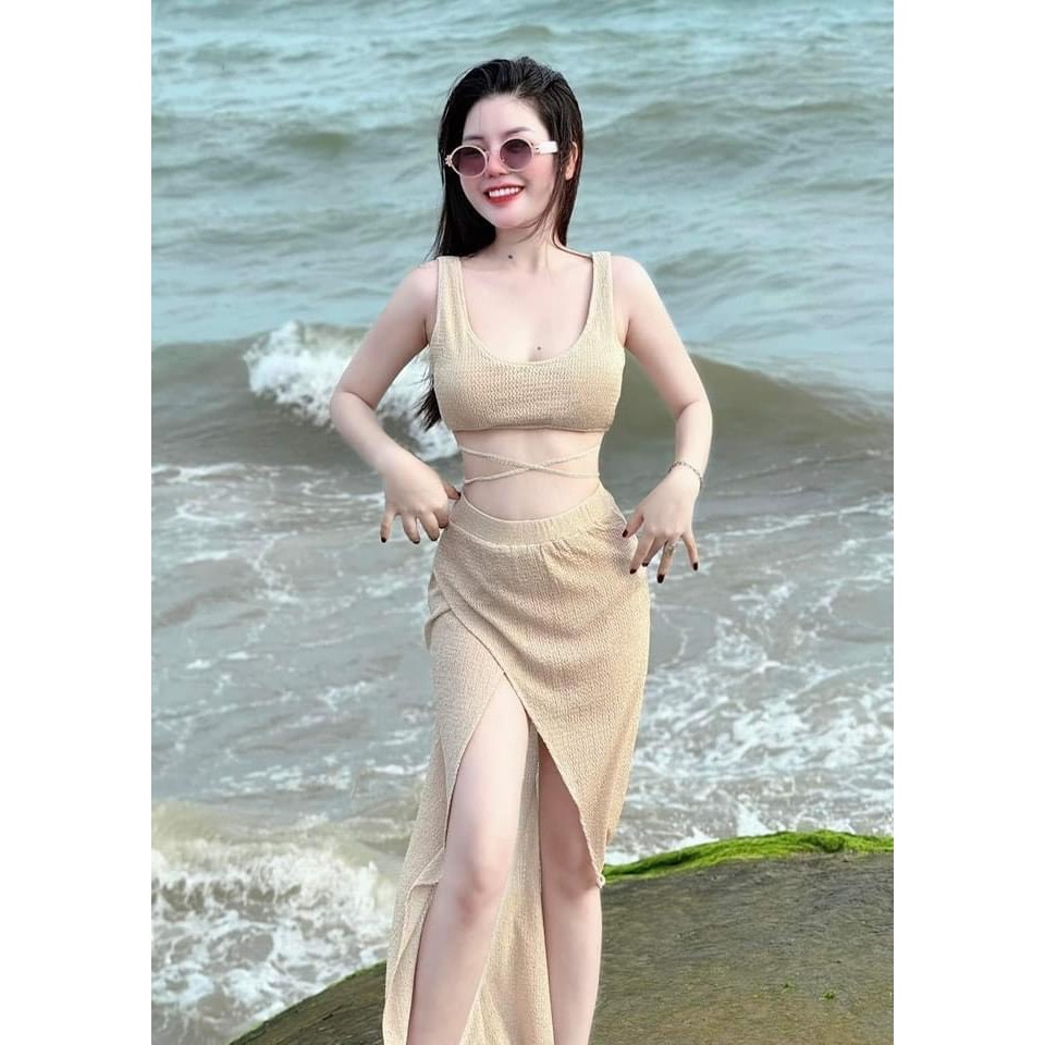 Bikini đồ bơi đi biển set ba món  BRA ren mềm áo có mút phối quây xẻ tà tôn dáng HÀ BIKINI | BigBuy360 - bigbuy360.vn