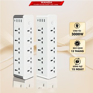 Ổ cắm điện đa năng chính hãng WANDA 3 cổng USB 15v sạc nhanh, 1 type c, chống cháy, ổ chịu tải 3000W, chất liệu nhựa pp