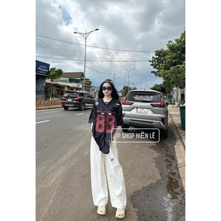 Set bộ áo chất cotton khô quần dài ống rộng chất kaki ướt mix áo phông form rộng - Set bộ áo 88 Bạc