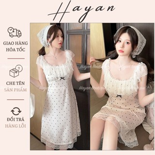 HT950 Váy ngủ sexy phối ren cổ vuông hoạ tiết chấm bi kèm ĐỆM LÓT, đầm ngủ lụa tiểu thư dáng dài HT950