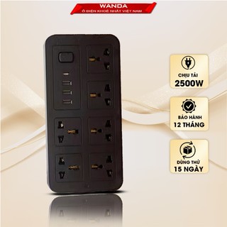 Ổ điện đa năng chính hãng WANDA 3 cổng USB 15v sạc nhanh, 1 type c, chống cháy, ổ chịu tải 2500W , nhựa pp