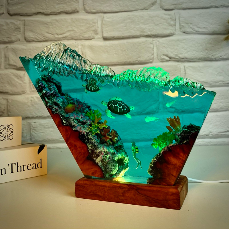 Đèn ngủ sóng cao hình con rùa, Đèn epoxy resin, đèn bàn trang trí, món quà tặng ý nghĩa