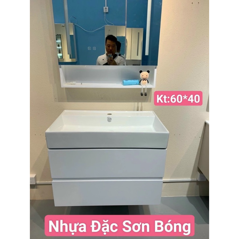 Tủ lavabo kèm tủ gương , lavabo tràn viền 60x40cm, lavabo có đèn led kèm sạc dự phòng