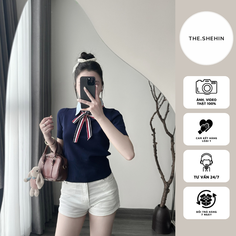 (Ảnh thật) Áo Polo T.F The.SheHin PL006 Cổ nơ len đan tiểu thư 2 màu hồng, xanh than Basic Freesize