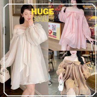 Váy babydoll trễ vai nơ to chất voan 2 lớp Đầm nữ nàng thơ bánh bèo tay bồng trắng kem nâu hồng công chúa T103G HUDU