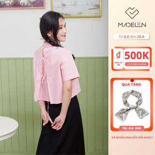 Áo sơ mi croptop thêu hình cute nơ buộc sau madelen