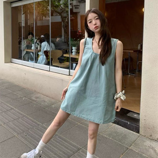 Váy bò giấy babydoll nhún cổ dáng ngắn, váy jean suông sát nách dáng ngắn Lumii
