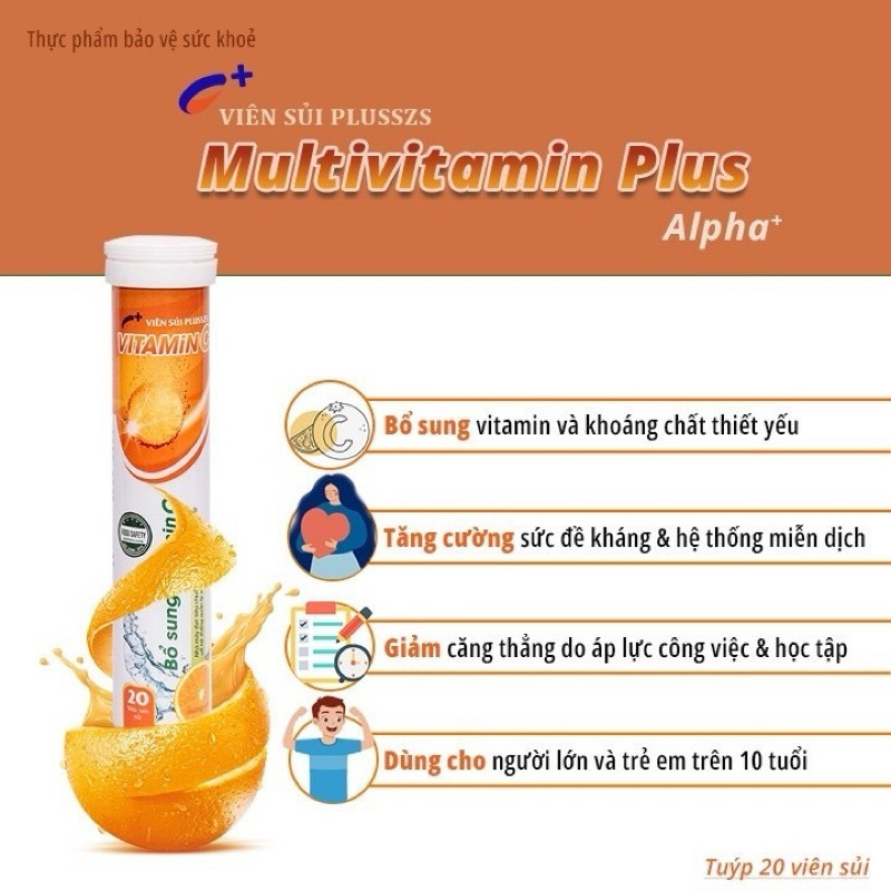 Viên C Sủi PLUSSZS ALPHA+ VITAMIN C 4g - Bổ sung Vitamin B1, B2, B3, B6 Giúp tăng cường miễn dịch, Phục hồi sức khoẻ