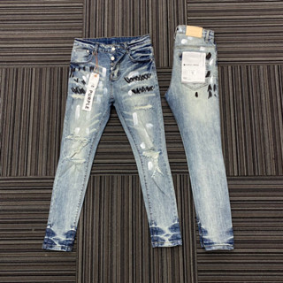 Quần purple vảy sơn rách gối phối màu xanh bạc,quần jean nam purple mác vải 4 cúc wash rách