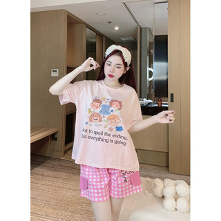 SP.422 Bộ ngủ thun cotton hoạ tiết hoạt hình gia đình quần kẻ caro hàng Quảng Châu cao cấp