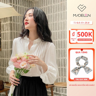 Áo sơ mi trắng dài tay nữ MADELEN ly trần cổ nhún bèo