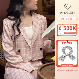 Áo blazer croptop kẻ caro và chân váy cùng set blazer kẻ MADELEN