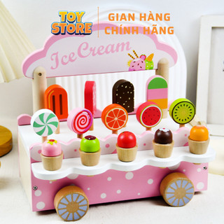 Đồ chơi xe đẩy bán kem bằng gỗ mother garden TOYSTORE xe họa tiết hồng dễ thương cho bé