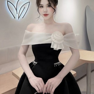 Váy trễ vai nơ lệch đính đá