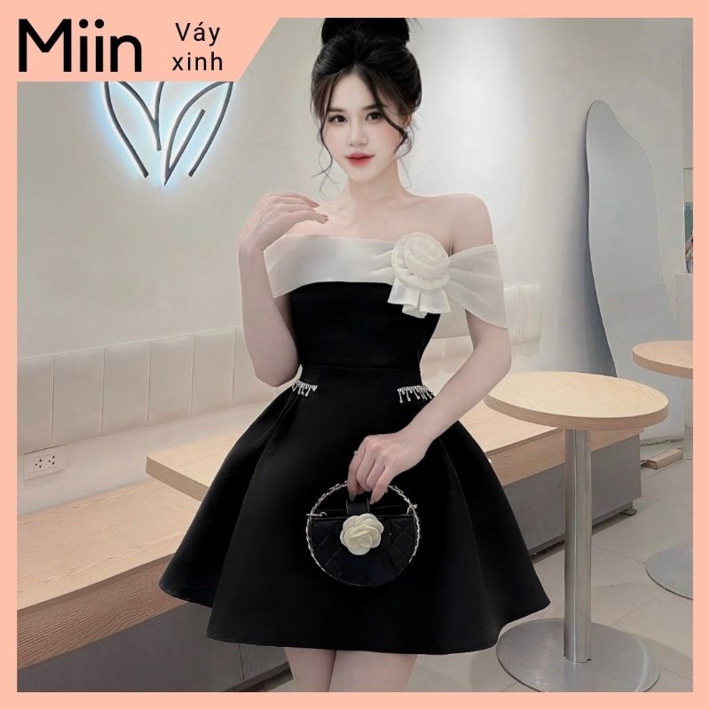 Váy trễ vai nơ lệch đính đá
