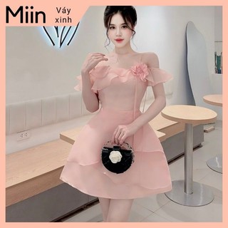 Váy trễ vai ren hoa nổi phối tơ dây chéo