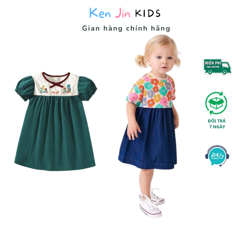 Váy baby doll xanh, váy hoa phối chân váy denim KEN JIN KIDS