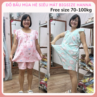 Đồ bộ bầu mặc nhà dễ thương bigsize 100kg vải cotton thoáng mát mùa hè với v1 120 vẫn thoải mái quần đùi nhà HANNA