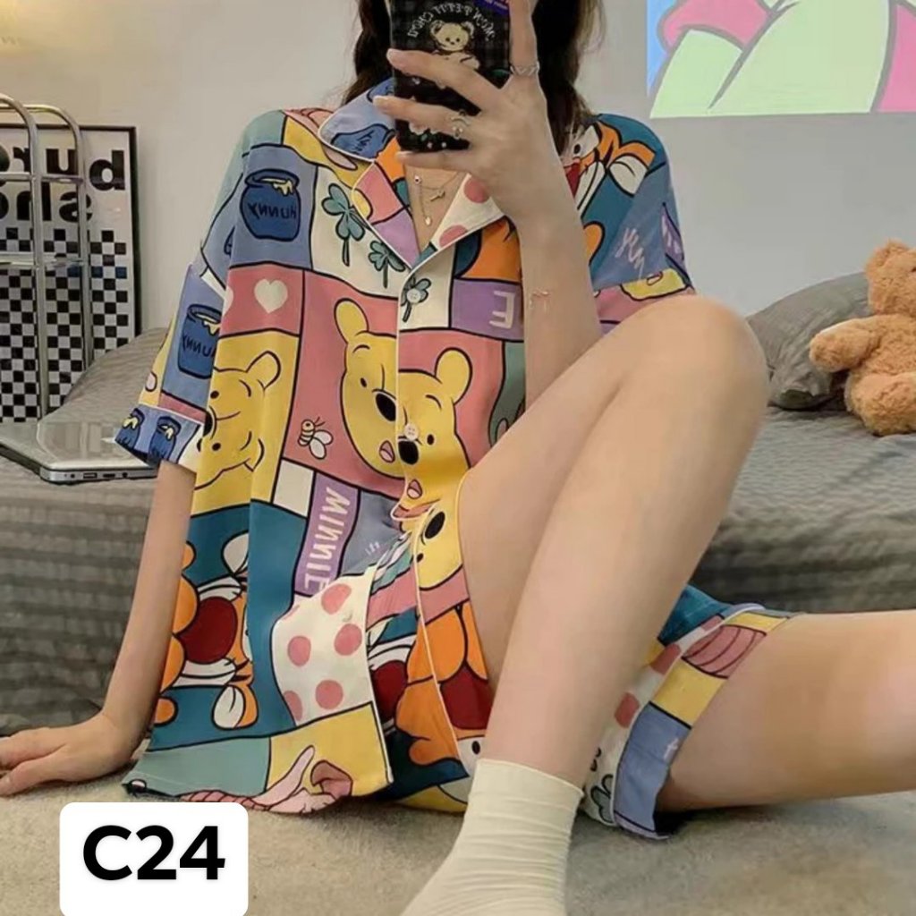 BỘ NGỦ NỮ, BỘ PIJAMA ÁO CỘC QUẦN ĐÙI, bộ ngủ hạo tiết hoạt hình CHẤT KATE THÁI MÁT MỊN PHOM TO-xuongmaypijamachucanh