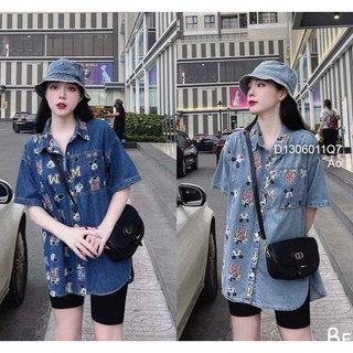 Áo sơ mi jean ngực in hình chuột nhỏ, áo sơ mi jean nữ viens store