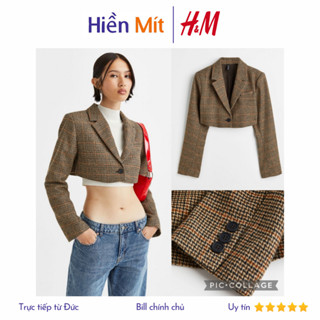 H&M Đức - Áo blazer crop top dáng ngắn độn vai hai lớp màu caro nhí nâu sale auth cao cấp chính hãng có sẵn 1075689005
